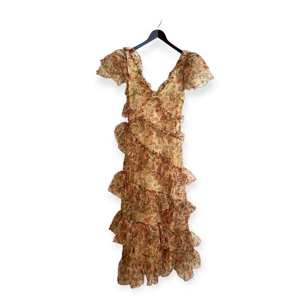 Selkie The Elfin Mushroom Print Ruffle Chiffon Tiered Short Sleeve Maxi Dress